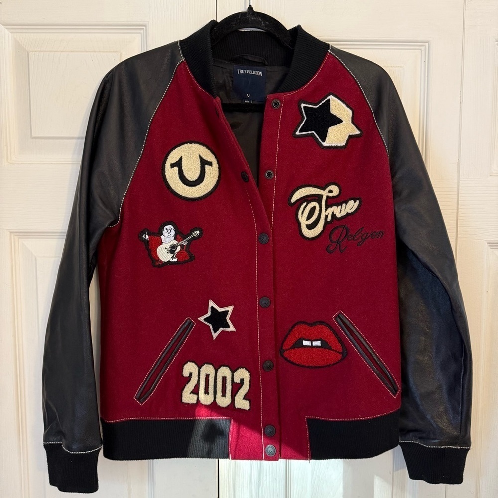 True Religion Wool & Leather Red & Black Varsity Bomber Jacket w/ Patches Medium